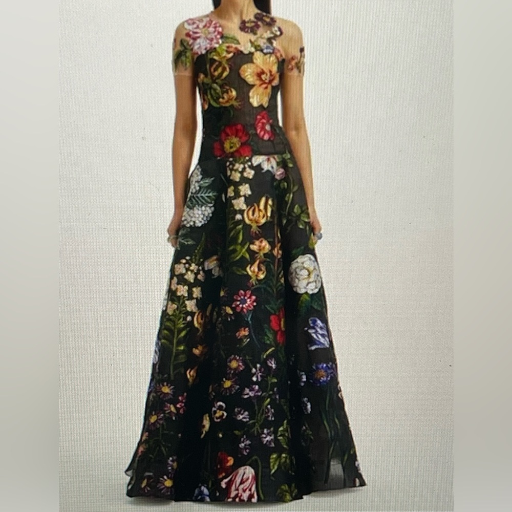 Oscar De La Renta constructed by hands floral embroidered organza gown.